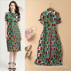 Short-Sleeved Printed Pleated Thin Medium-length Dress